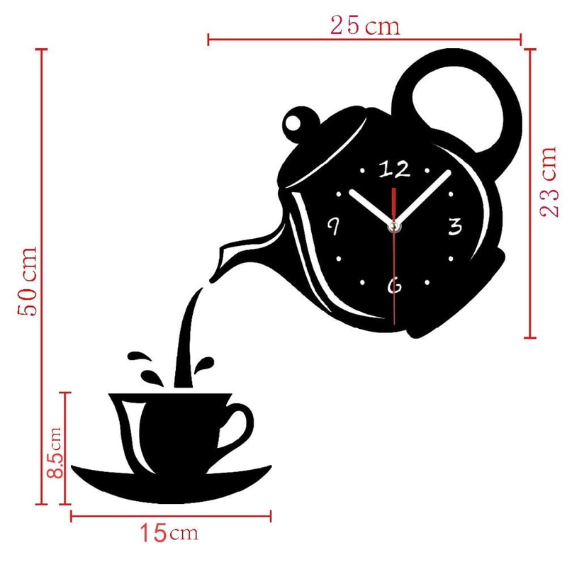 Coffee Cup Teapot 3D Wall Clock, Acrylic Kitchen Wall Clock Decor, Silent DIY Wall Clock