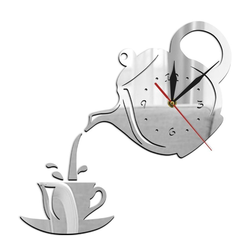 Coffee Cup Teapot 3D Wall Clock, Acrylic Kitchen Wall Clock Decor, Silent DIY Wall Clock