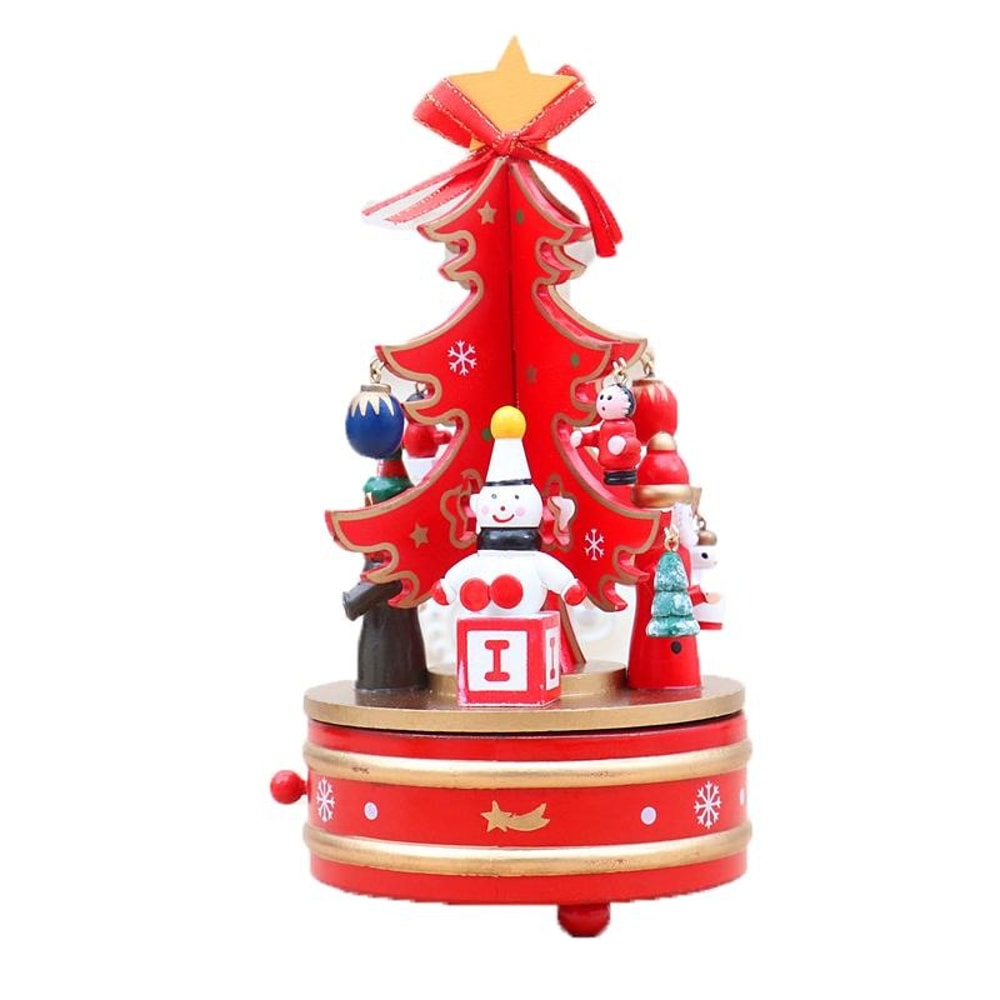 Wooden Christmas Tree Music Box Rotating Holiday Decor Gift