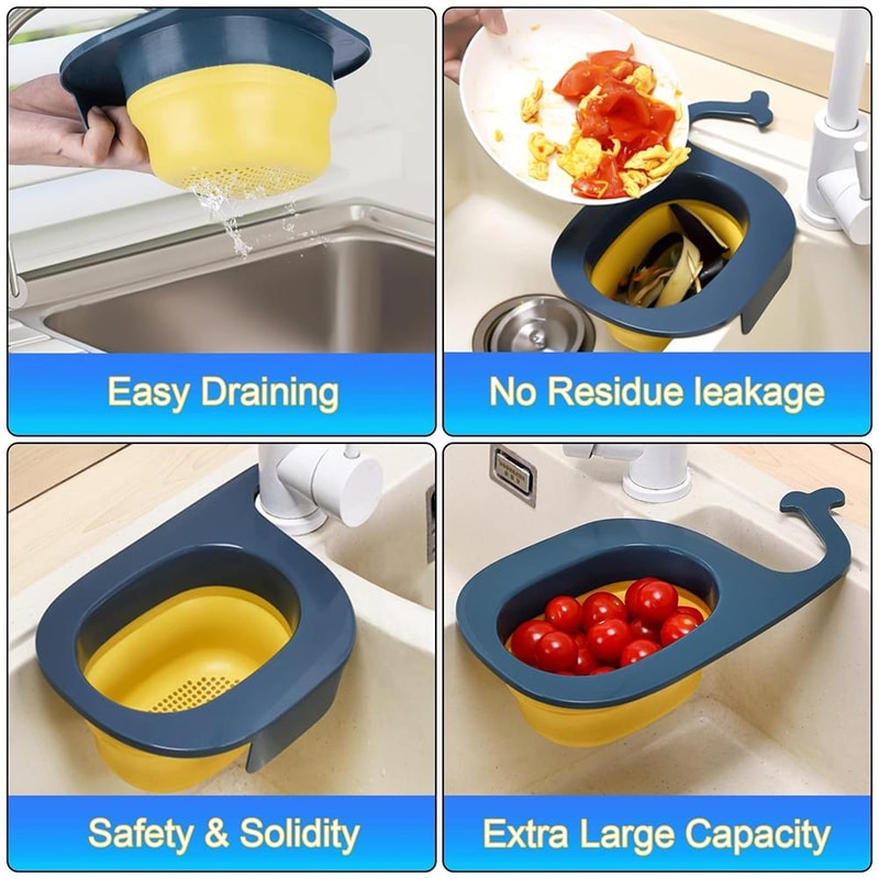 WhaleFold Kitchen Sink Strainer Basket – Foldable Fruit & Vegetable Drain Colander Organizer