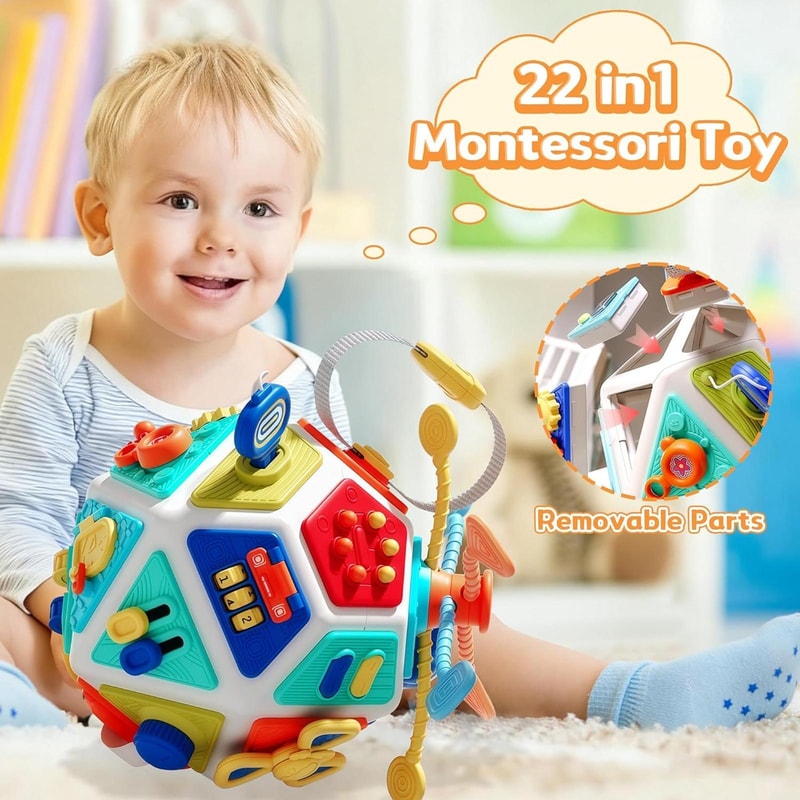 Montessori Busy Board Activity Cube 22-in-1 Sensory Learning Toy for Toddlers