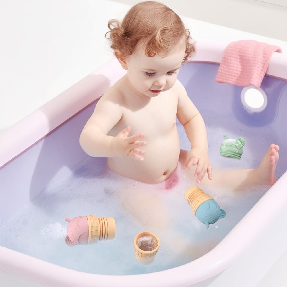 Cute Ice Cream Baby Bath Toy Spray Set Silicone Toddler Bath Water Toy For Kids 1