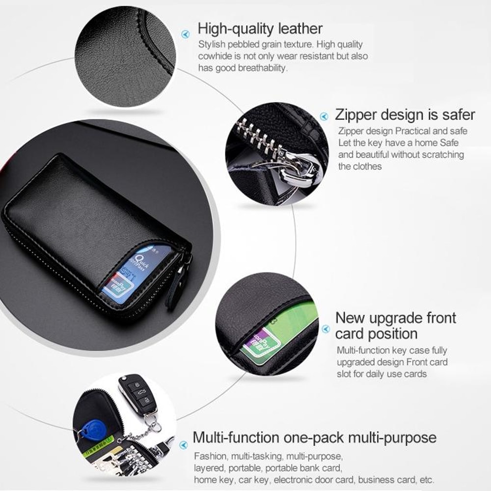 Leather Key Holder Wallet Large Capacity Zip Key Case Card Organizer 6