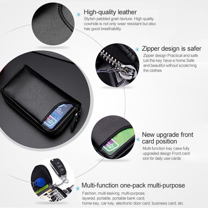 Leather Key Holder Wallet Large Capacity Zip Key Case Card Organizer 6