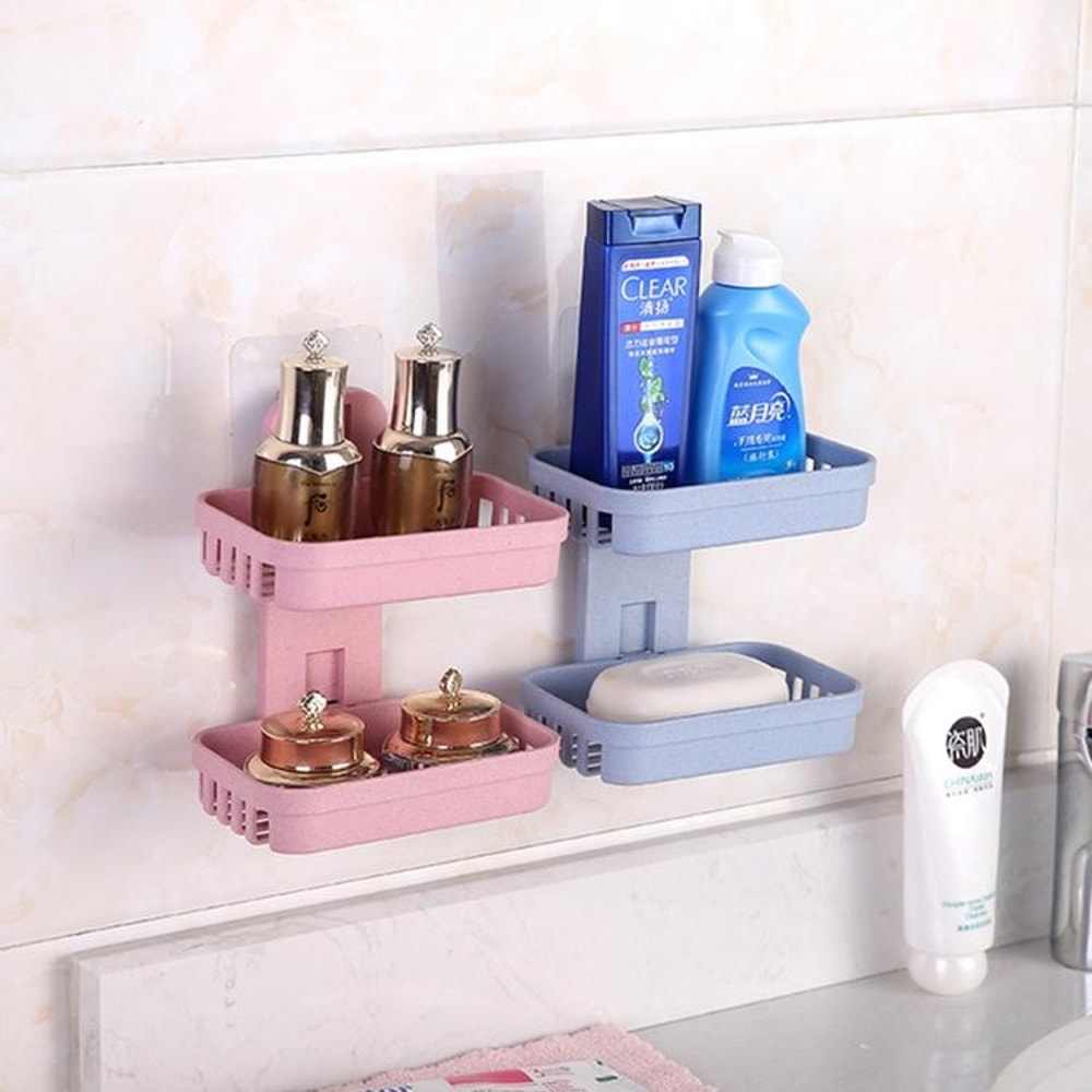 Double Deck Wall Mounted Soap Holder Adhesive Bathroom Shelf