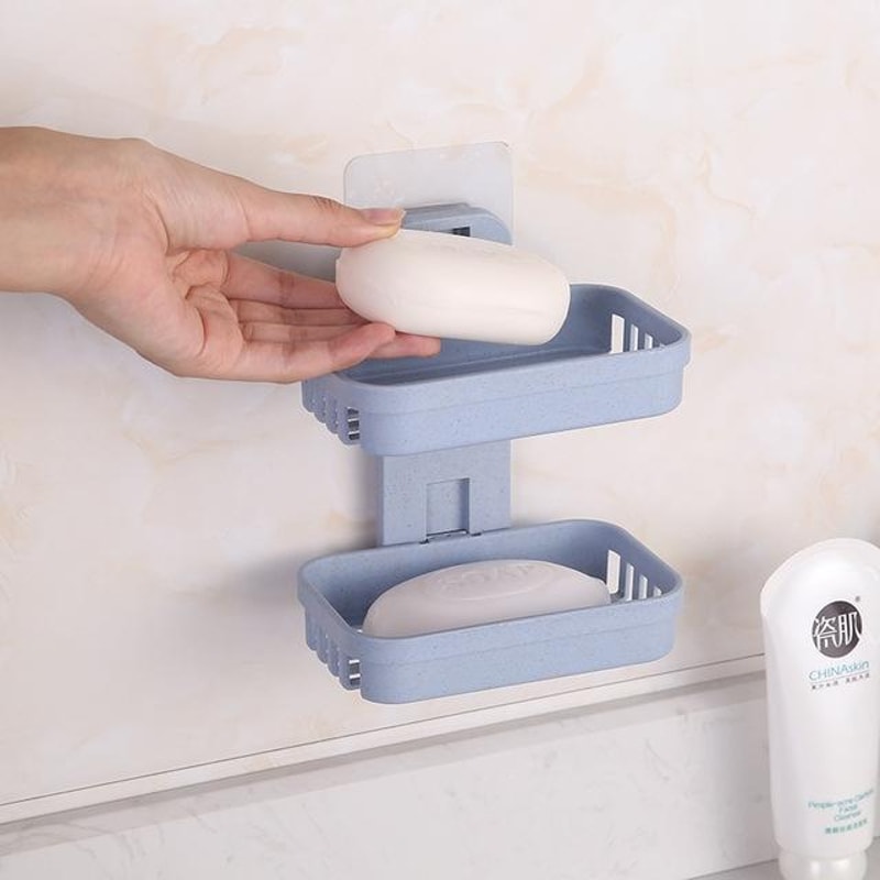 Double Deck Wall Mounted Soap Holder Adhesive Bathroom Shelf