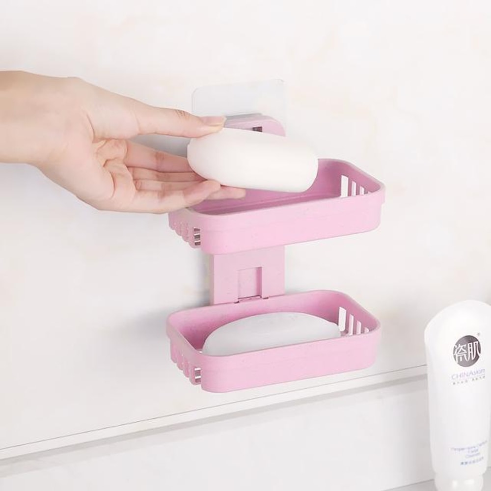 Double Deck Wall Mounted Soap Holder Adhesive Bathroom Shelf