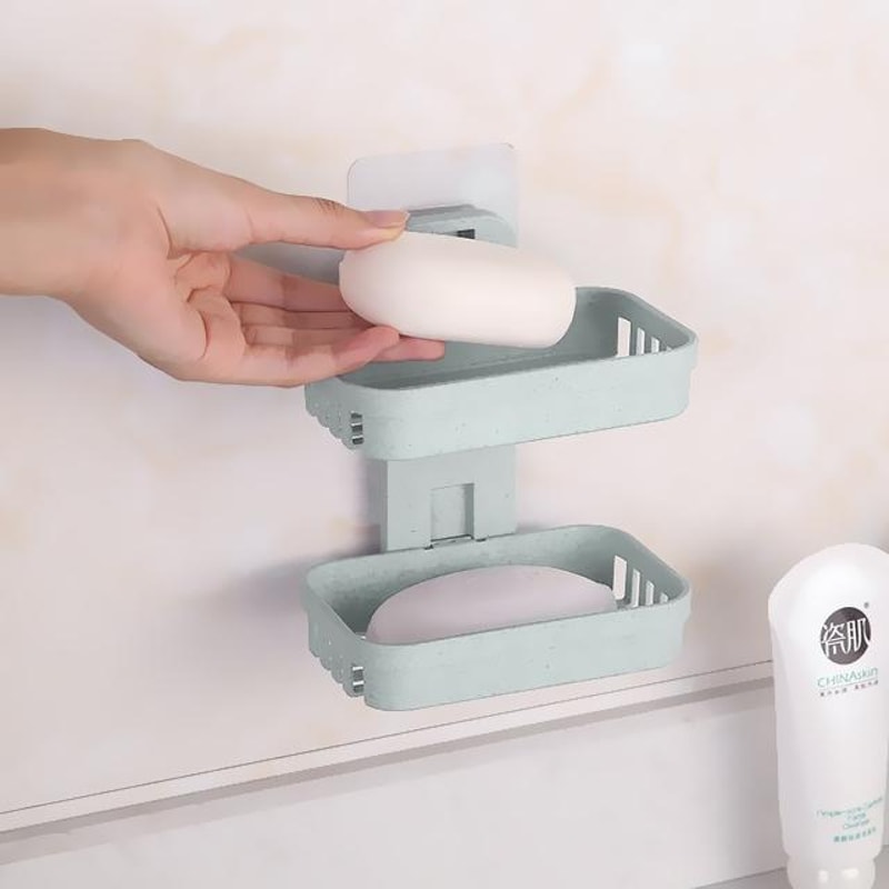 Double Deck Wall Mounted Soap Holder Adhesive Bathroom Shelf