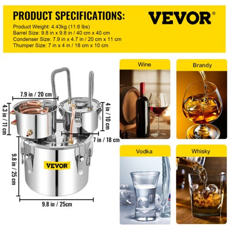 Stainless Steel Alcohol Distiller with Copper Tube, Thermometer & Water Pump, Home Brewing Kit with Double Thumper