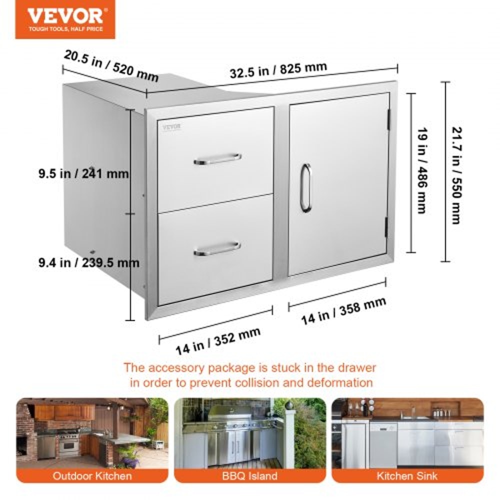 Stainless Steel Outdoor Kitchen Drawers, 32.5" BBQ Island Storage with Access Door, Double Drawers & Built-In Towel