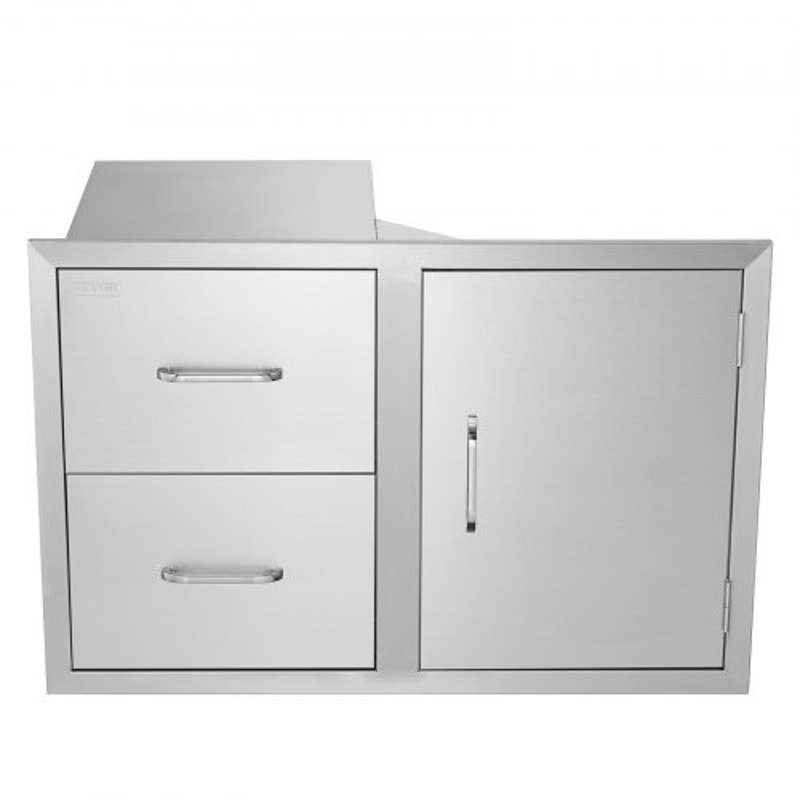 Stainless Steel Outdoor Kitchen Drawers, 32.5" BBQ Island Storage with Access Door, Double Drawers & Built-In Towel
