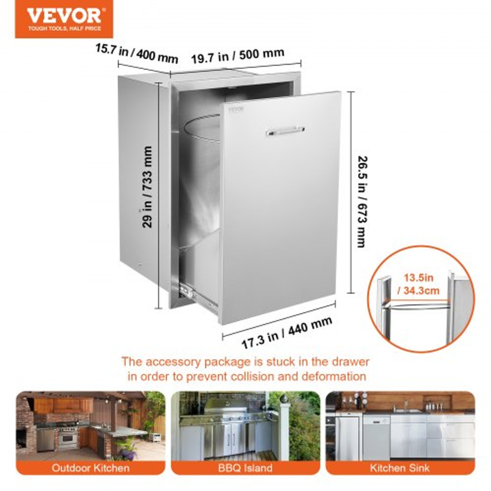 Stainless Steel Trash Drawer For Outdoor Kitchens 197W X 29H VEVOR PullOut Bin With Cover Perfect F