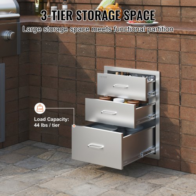 Stainless Steel Outdoor Kitchen BBQ Drawers Triple Access Chrome Handle Trash Drawer For Builtin BB 2