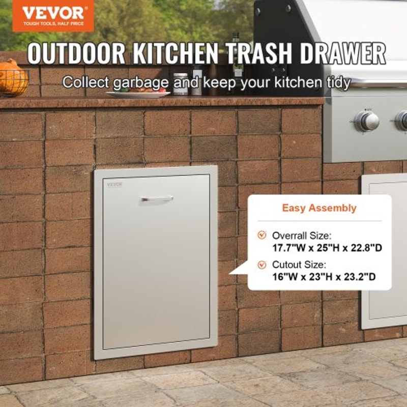 Stainless Steel Pull Out Trash Drawer, Outdoor BBQ Island Trash Bin with Smooth Rails & Handle, Raised Style Pull-Out