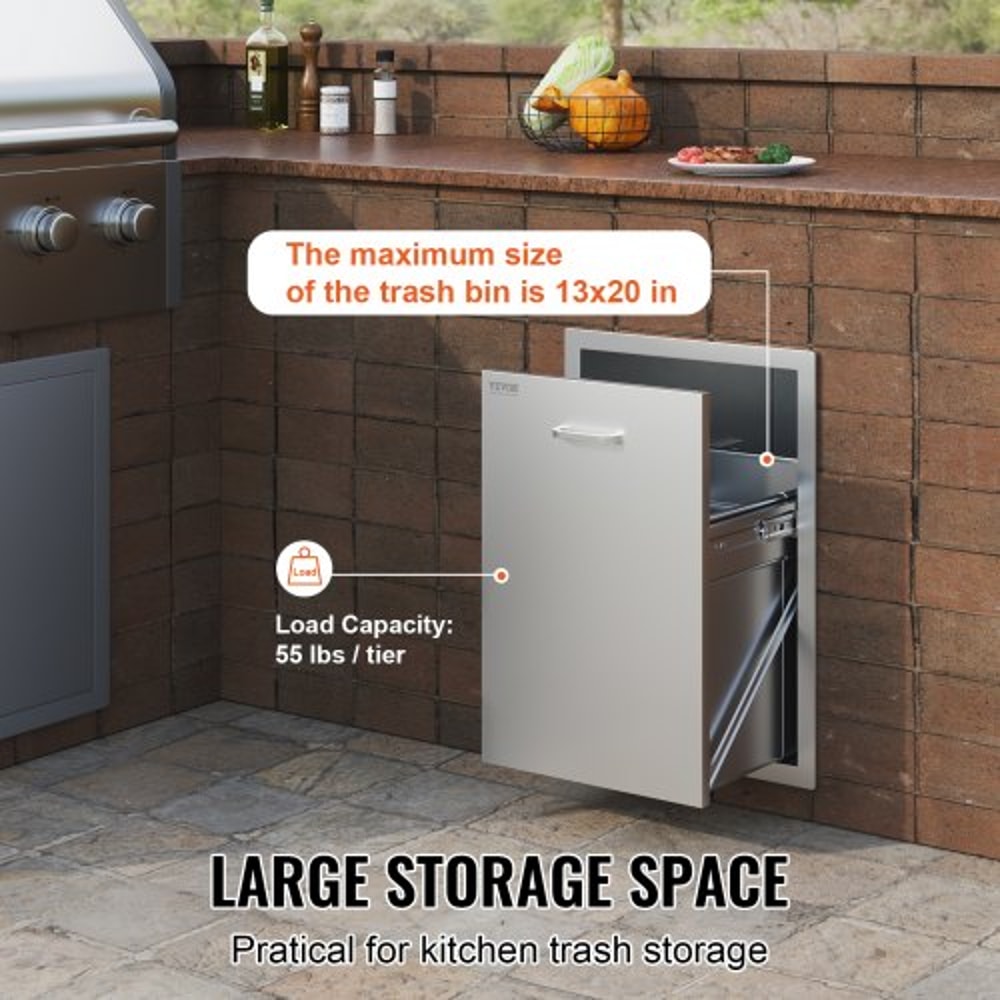 Stainless Steel Pull Out Trash Drawer, Outdoor BBQ Island Trash Bin with Smooth Rails & Handle, Raised Style Pull-Out