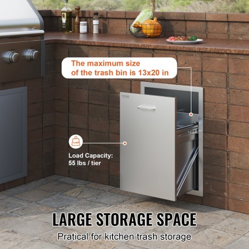 Stainless Steel Pull Out Trash Drawer, Outdoor BBQ Island Trash Bin with Smooth Rails & Handle, Raised Style Pull-Out