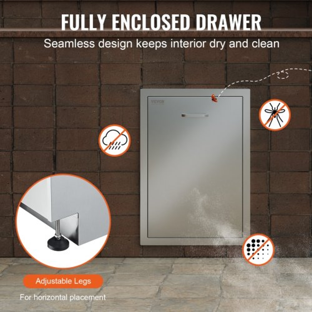 Stainless Steel Pull Out Trash Drawer, Outdoor BBQ Island Trash Bin with Smooth Rails & Handle, Raised Style Pull-Out