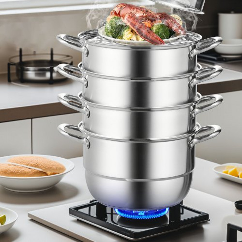 Stainless Steel Steamer Pot MultiLayer Cookware With Tempered Glass Lid  Handles Work On Gas Electr 6
