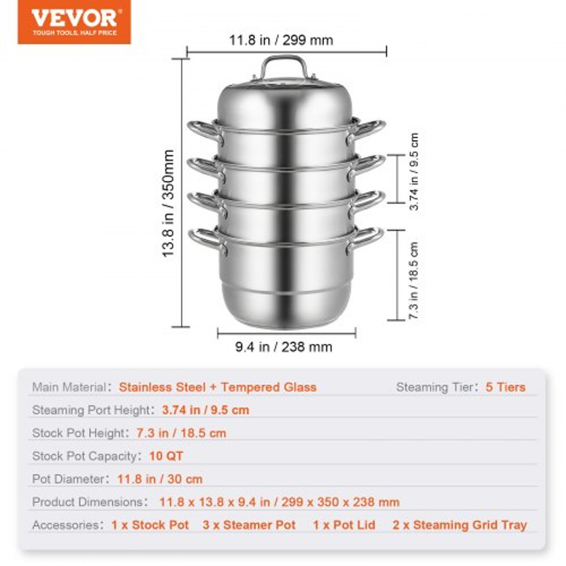 5-Tier Stainless Steel Dumpling Steamer Pot – 30cm/11.8 Dia, Works with Gas & Electric Stove Top.