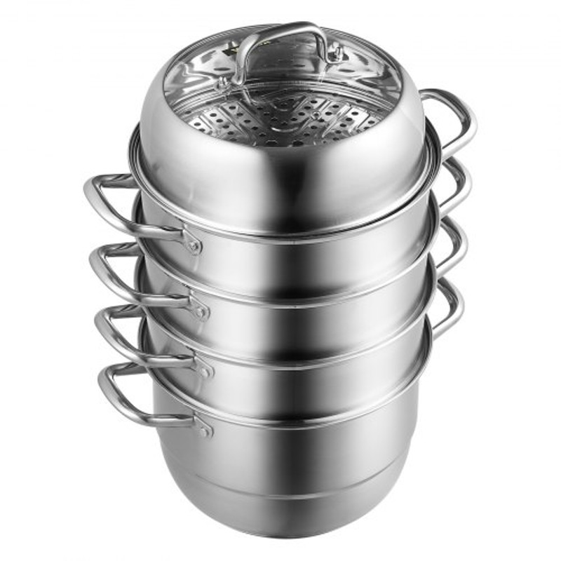5-Tier Stainless Steel Dumpling Steamer Pot – 30cm/11.8 Dia, Works with Gas & Electric Stove Top.
