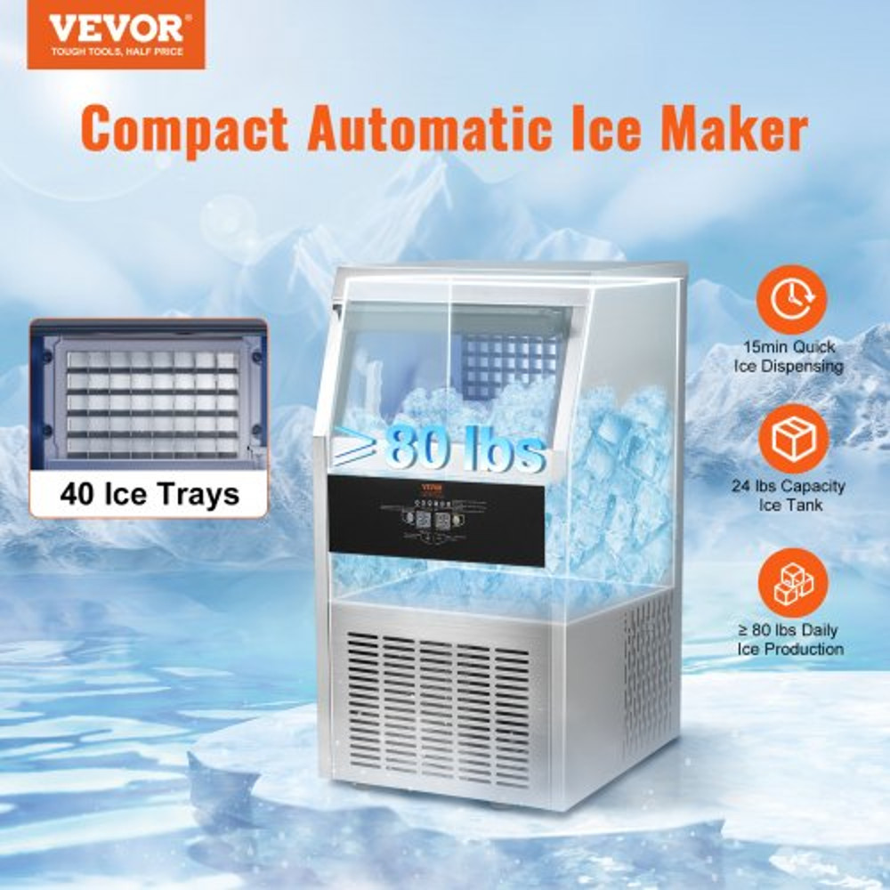 Industrial Ice Maker Machine, 110V Commercial Ice Maker, 40 Ice Cubes Per Plate, 80LBS/24H, Auto Clean, Stainless Steel