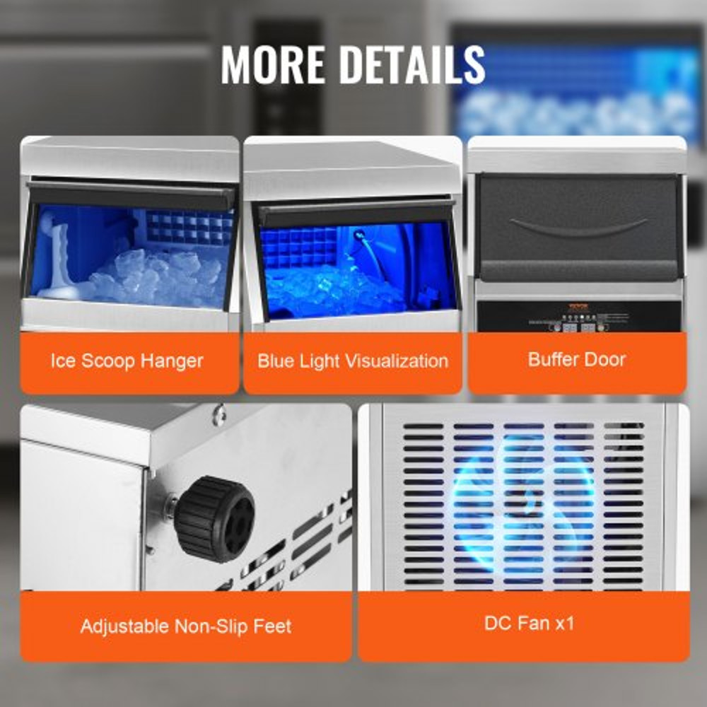Industrial Ice Maker Machine, 110V Commercial Ice Maker, 40 Ice Cubes Per Plate, 80LBS/24H, Auto Clean, Stainless Steel