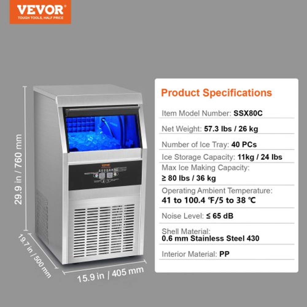 Industrial Ice Maker Machine, 110V Commercial Ice Maker, 40 Ice Cubes Per Plate, 80LBS/24H, Auto Clean, Stainless Steel