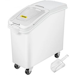 food ingredient bin with scoop, cup storage container with sliding lid & wheels, commercial kitchen grain & flour