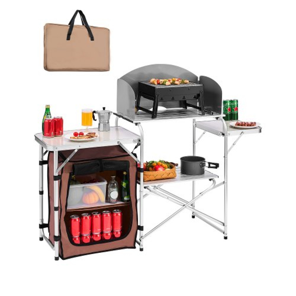 Portable Camping Kitchen Table Foldable Picnic Cabinet With Storage Rack Windshield  Side Tables 1