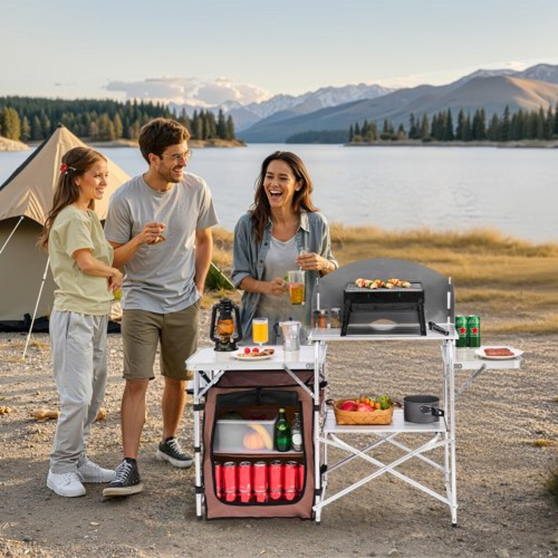 Portable Camping Kitchen Table Foldable Picnic Cabinet With Storage Rack Windshield  Side Tables 0