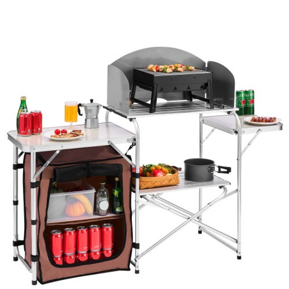 Portable Camping Kitchen Table Foldable Picnic Cabinet With Storage Rack Windshield  Side Tables 8