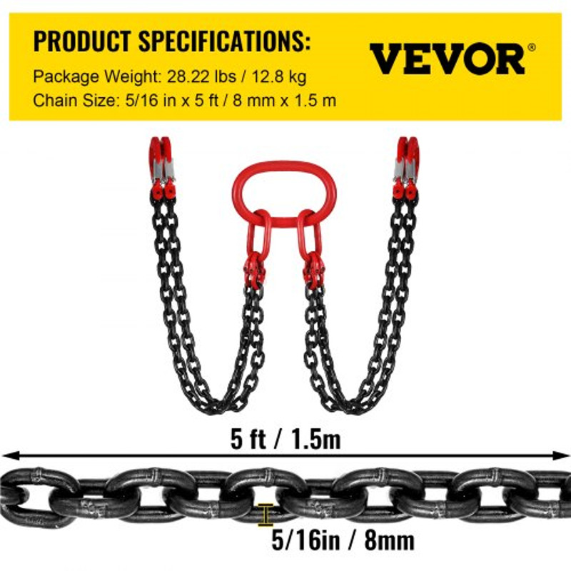 5ft G80 Alloy Steel Chain Sling 516 4Leg Engine Lift Chain With Grab Hooks 3 Ton11000 Lbs Capacity 7