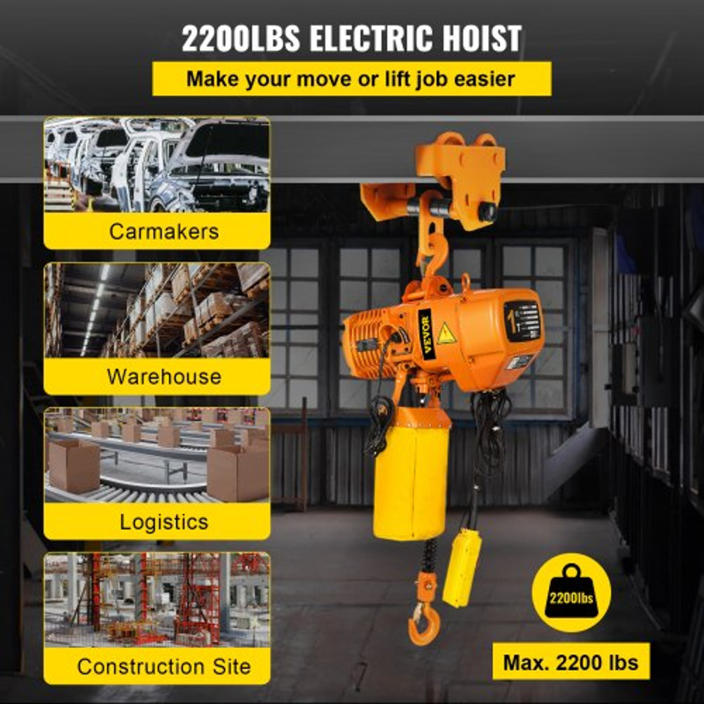 2200LBS Electric Chain Hoist 1 Ton Double Speed Lifting System With G80 Chain Pure Copper Motor  Re 2