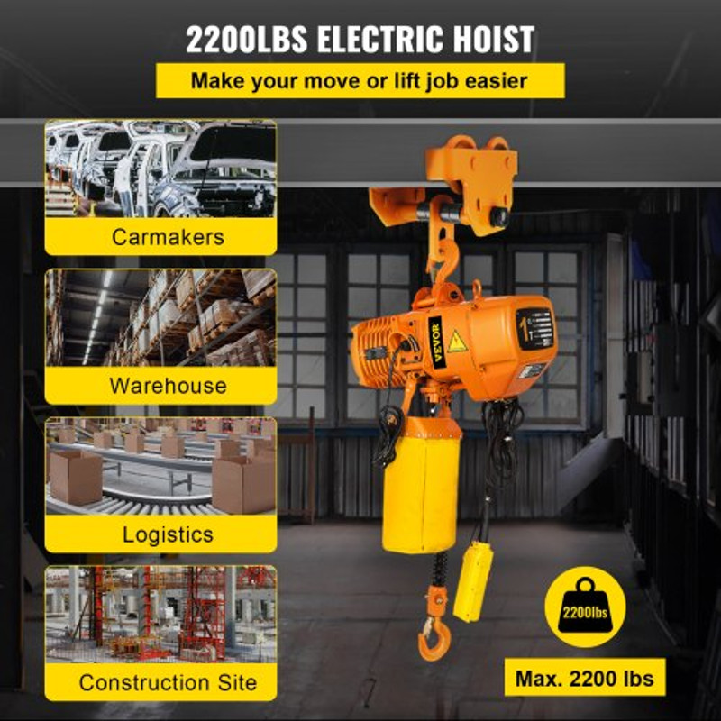 2200LBS Electric Chain Hoist 1 Ton Double Speed Lifting System With G80 Chain Pure Copper Motor  Re 2