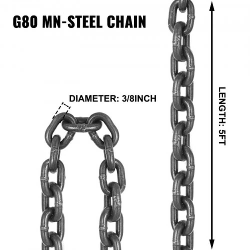 4T Capacity Double Leg Chain Sling, 5ft G80 Lifting Chain with Grab Hooks, 11,000LBS Load Limit – Durable Sling Chain