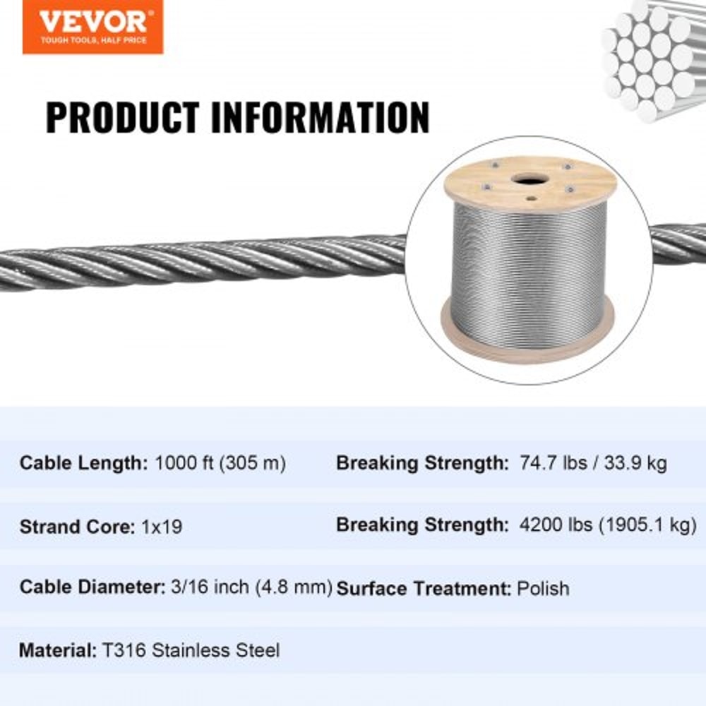 1000ft 1x19 Strands Construction Braided Aircraft Cable 316 Stainless Steel Wire Rope For Deck Rail 7