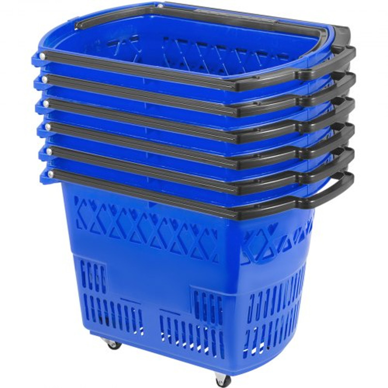 6Pack Plastic Rolling Shopping Basket Set With Wheels 75lb Capacity Foldable Handles For Retail Sto 1