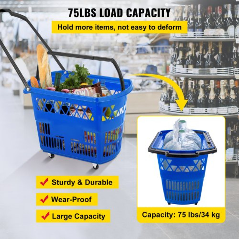 6Pack Plastic Rolling Shopping Basket Set With Wheels 75lb Capacity Foldable Handles For Retail Sto 3