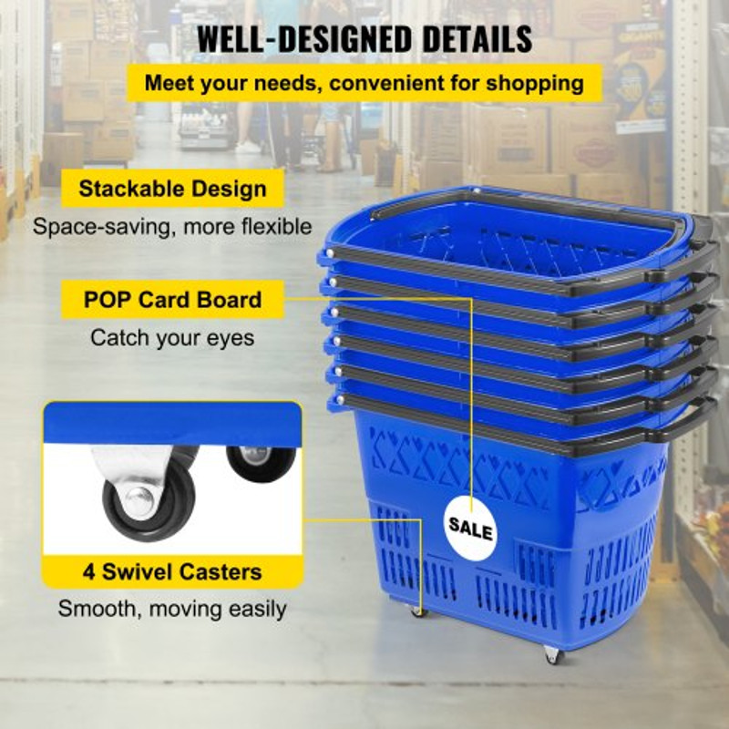 6Pack Plastic Rolling Shopping Basket Set With Wheels 75lb Capacity Foldable Handles For Retail Sto 6