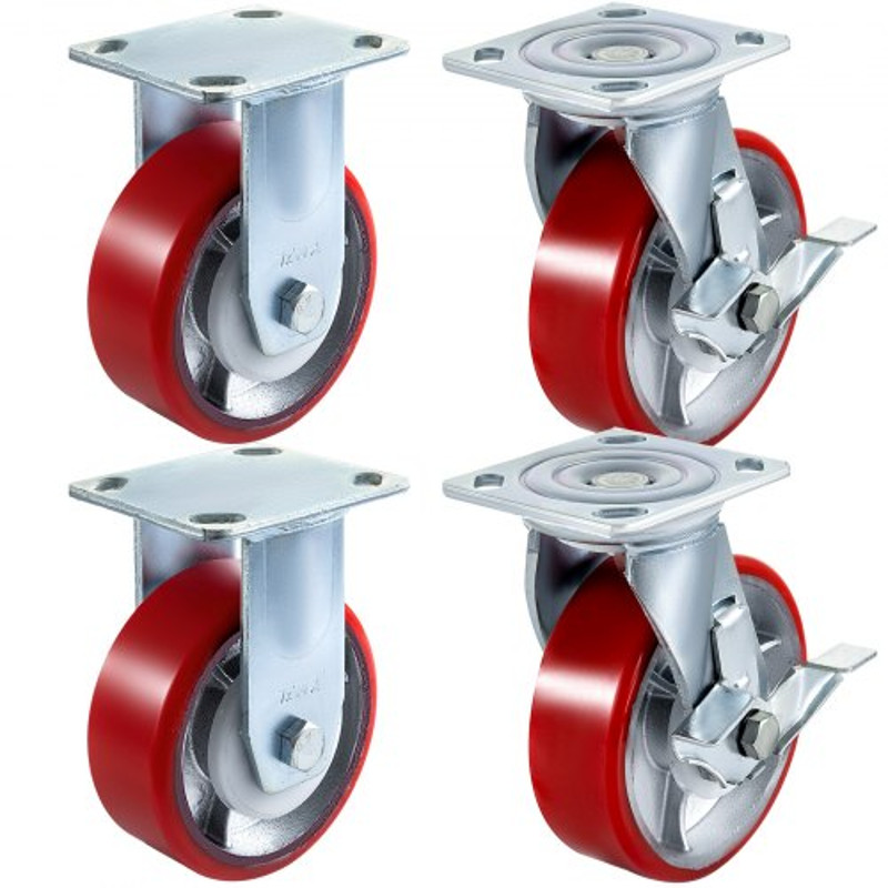 Polyurethane Iron Core Plate Casters Set 1000LBS Capacity Wheels With Side Brake 2 Swivel  2 Rigid 1