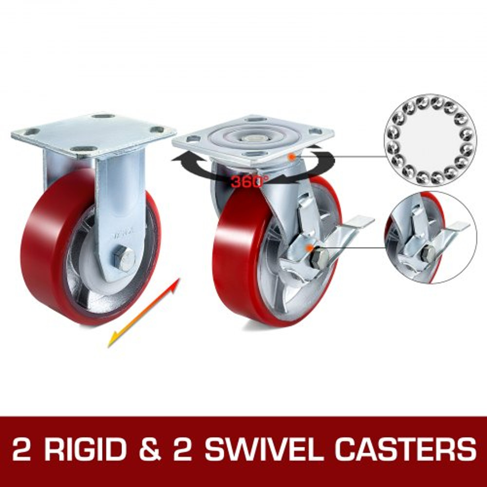 Polyurethane Iron Core Plate Casters Set 1000LBS Capacity Wheels With Side Brake 2 Swivel  2 Rigid 2