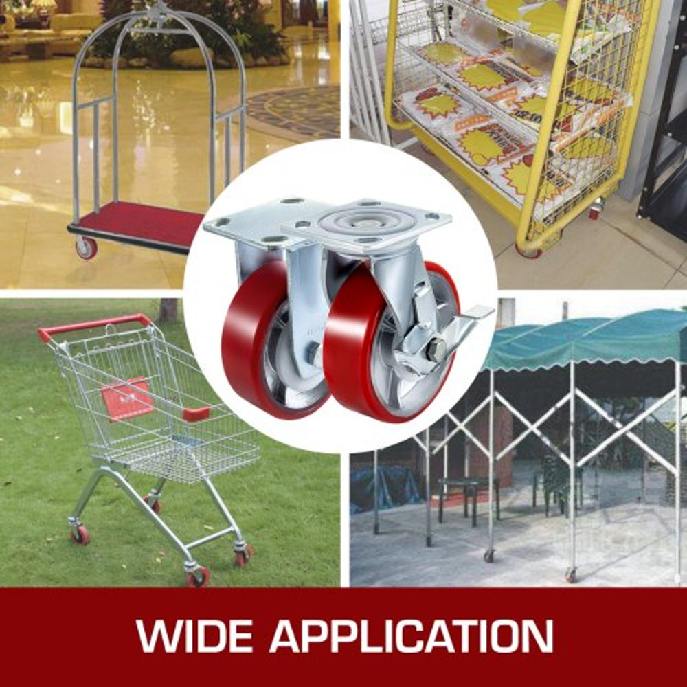 Polyurethane Iron Core Plate Casters Set 1000LBS Capacity Wheels With Side Brake 2 Swivel  2 Rigid 7