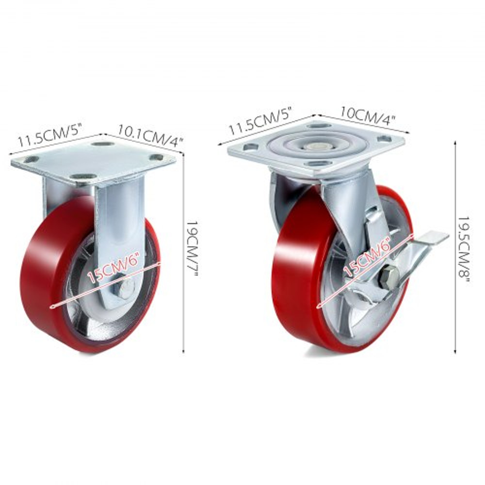 Polyurethane Iron Core Plate Casters Set 1000LBS Capacity Wheels With Side Brake 2 Swivel  2 Rigid 8