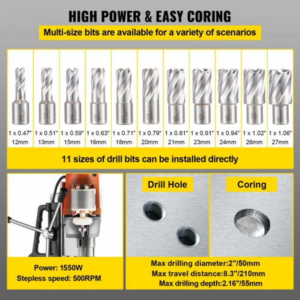 MD50 Magnetic Drill Press With 2Inch Boring Diameter Annular Cutter Machine 2900 LBS  11pc HSS Cutt 3