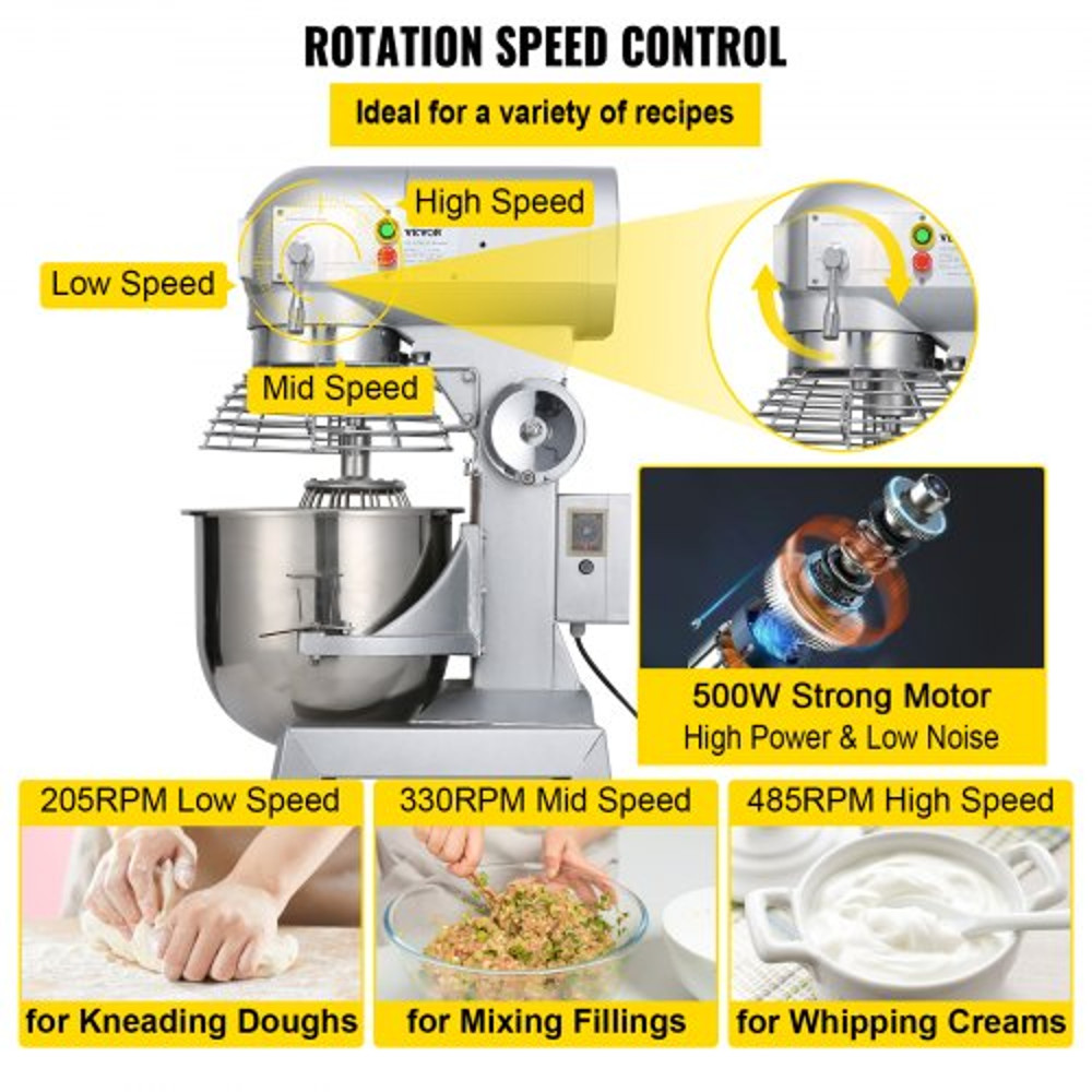 Commercial Food Mixer Speeds Adjustable RPM Heavy Duty With Stainless Steel Bowl Dough Hooks Beater 4
