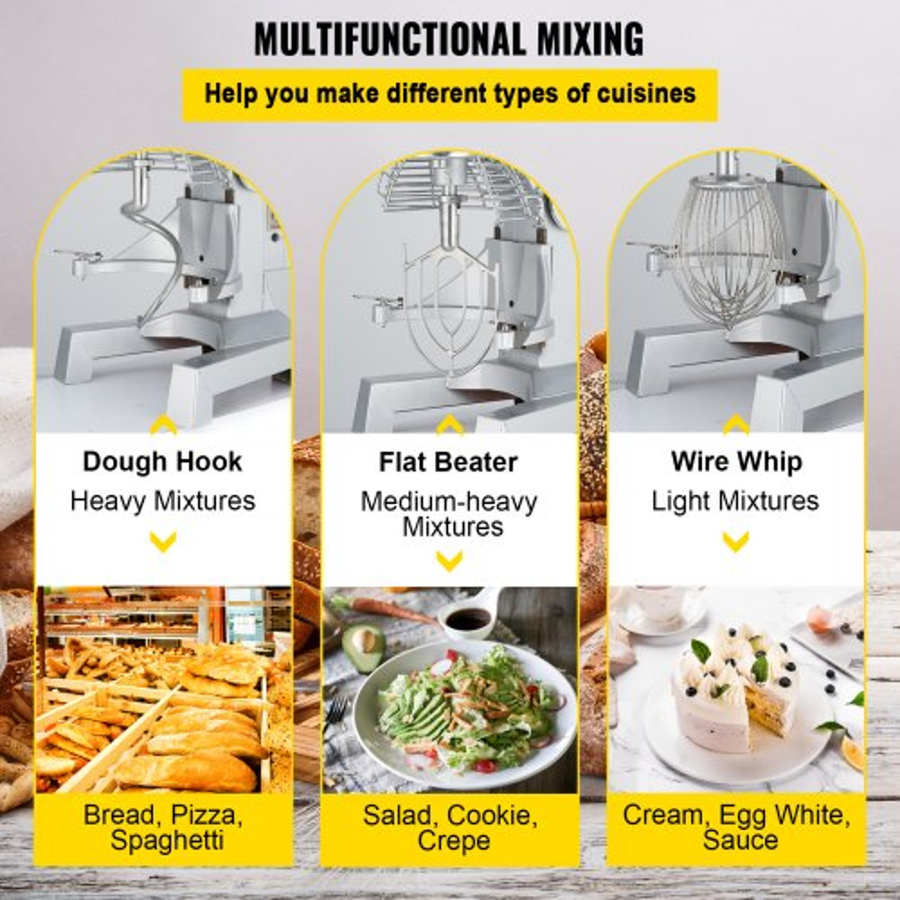 Commercial Food Mixer Speeds Adjustable RPM Heavy Duty With Stainless Steel Bowl Dough Hooks Beater 5