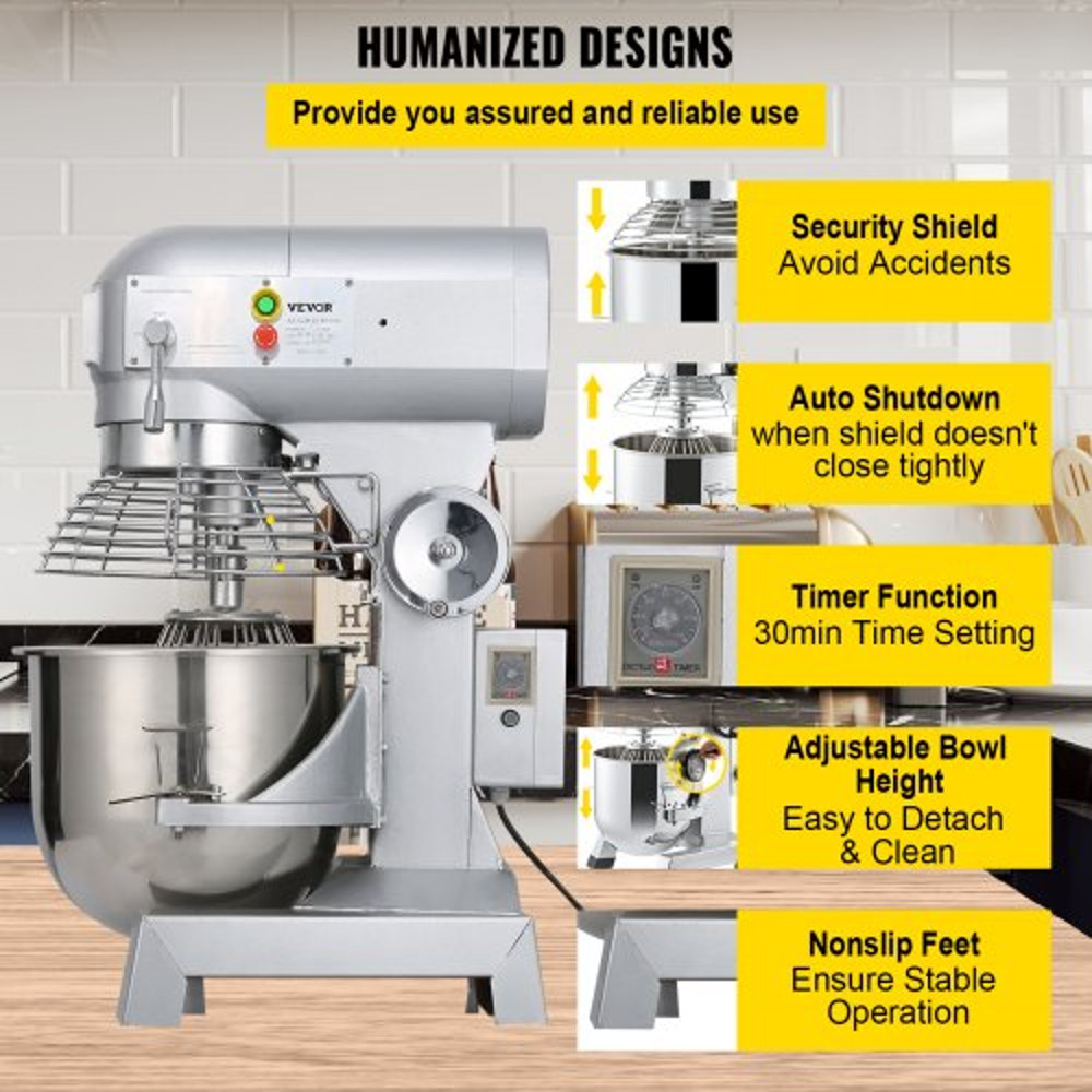 Commercial Food Mixer Speeds Adjustable RPM Heavy Duty With Stainless Steel Bowl Dough Hooks Beater 6