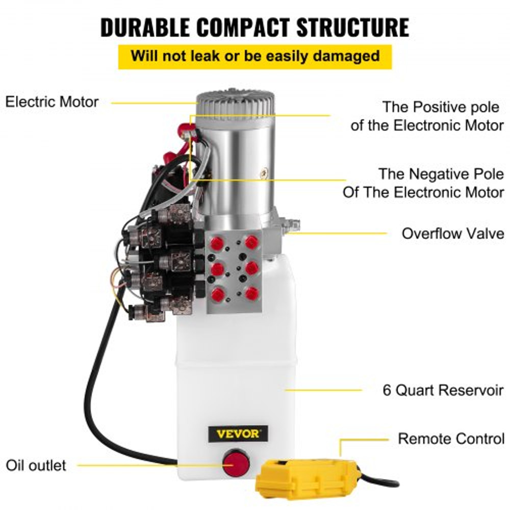 6Way Hydraulic Pump 12V 6 Quart Double Acting Dump Trailer Control Kit 3200 PSI With Remote 5