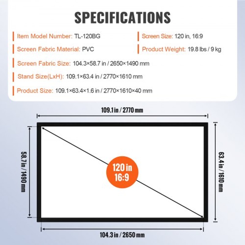 120" 16:9 Fixed Frame Projector Screen, 4K/HDTV Ready with 1.2 Gain for Home Theater & 3D Movies