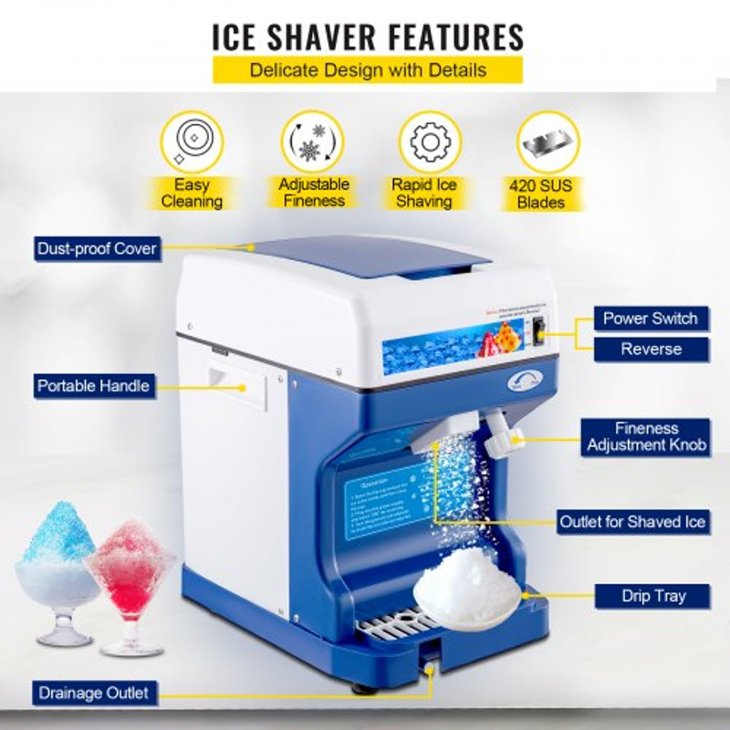 Electric Shaved Ice Machine, Commercial Ice Shaver & Snow Cone Maker Tabletop, Adjustable Ice Texture for Home